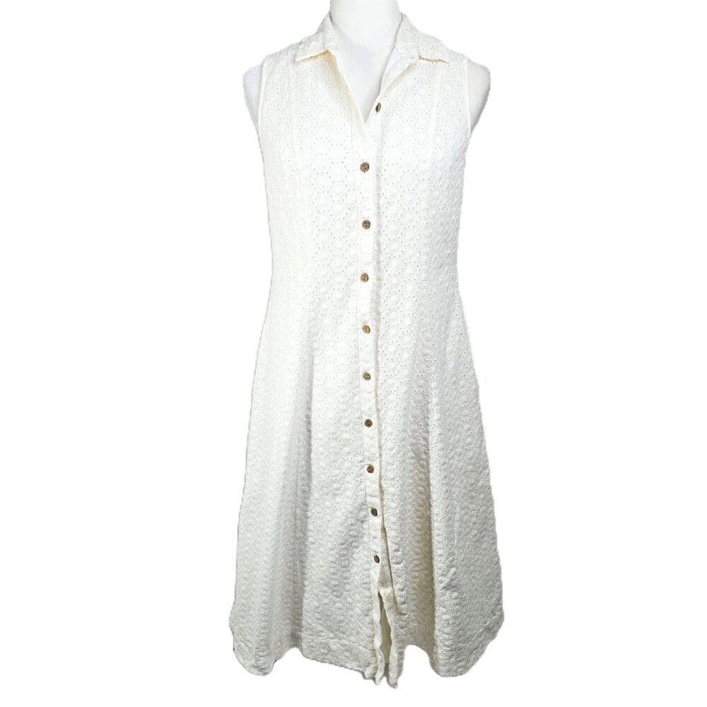 ANNE KLEIN Sleeveless White Eyelet Lace Cotton Button Up Dress